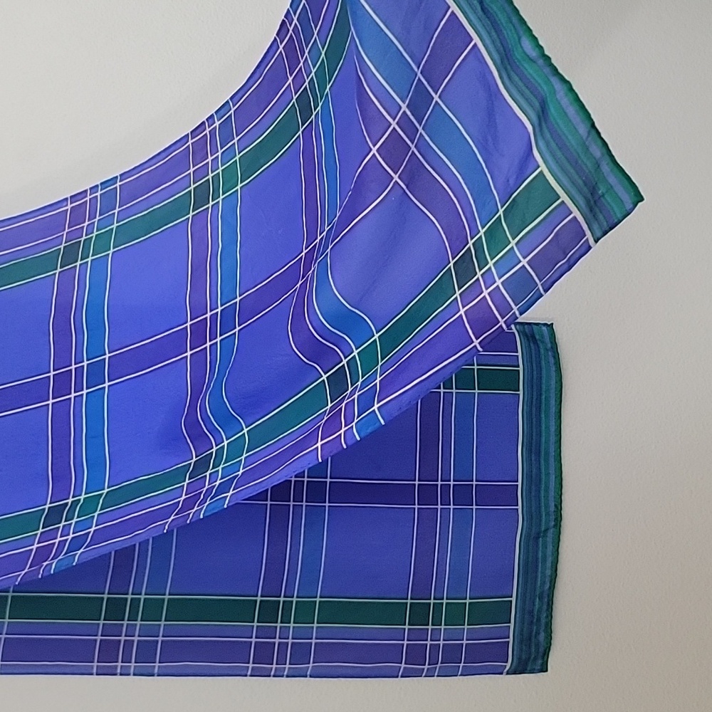 Liz Claiborne Silk Plaid Purple, Green, Blue Ablong Scarf 51" X 10" - Picture 3 of 6